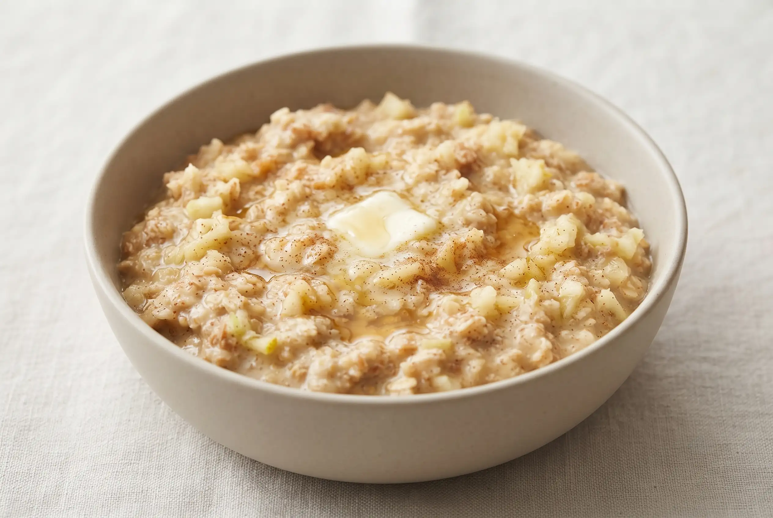 Apple bran oatmeal in a bowl with oats, grated apple, cinnamon, and brown sugar topping