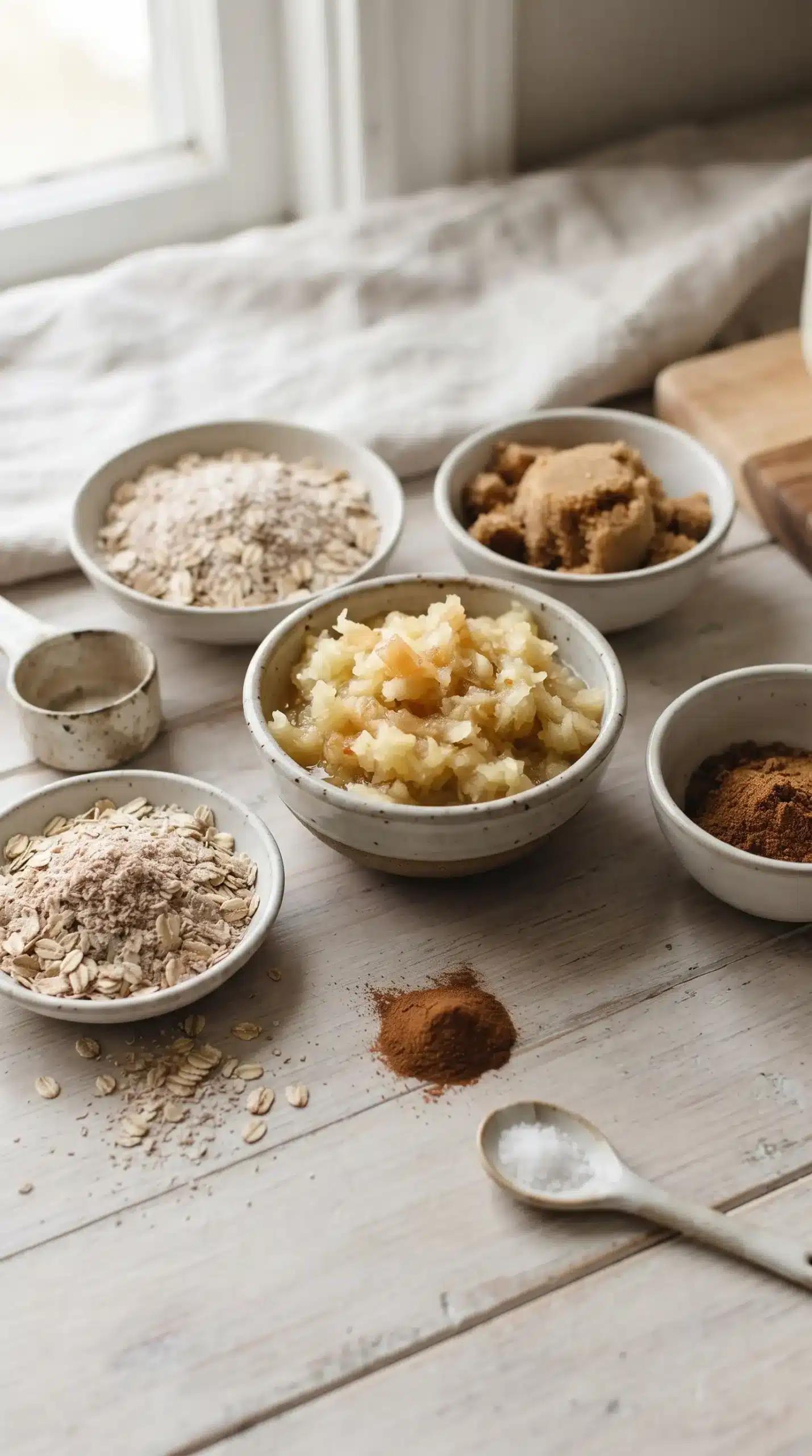 Grated apple, oats, bran cereal, brown sugar, cinnamon, and salt for apple bran oatmeal