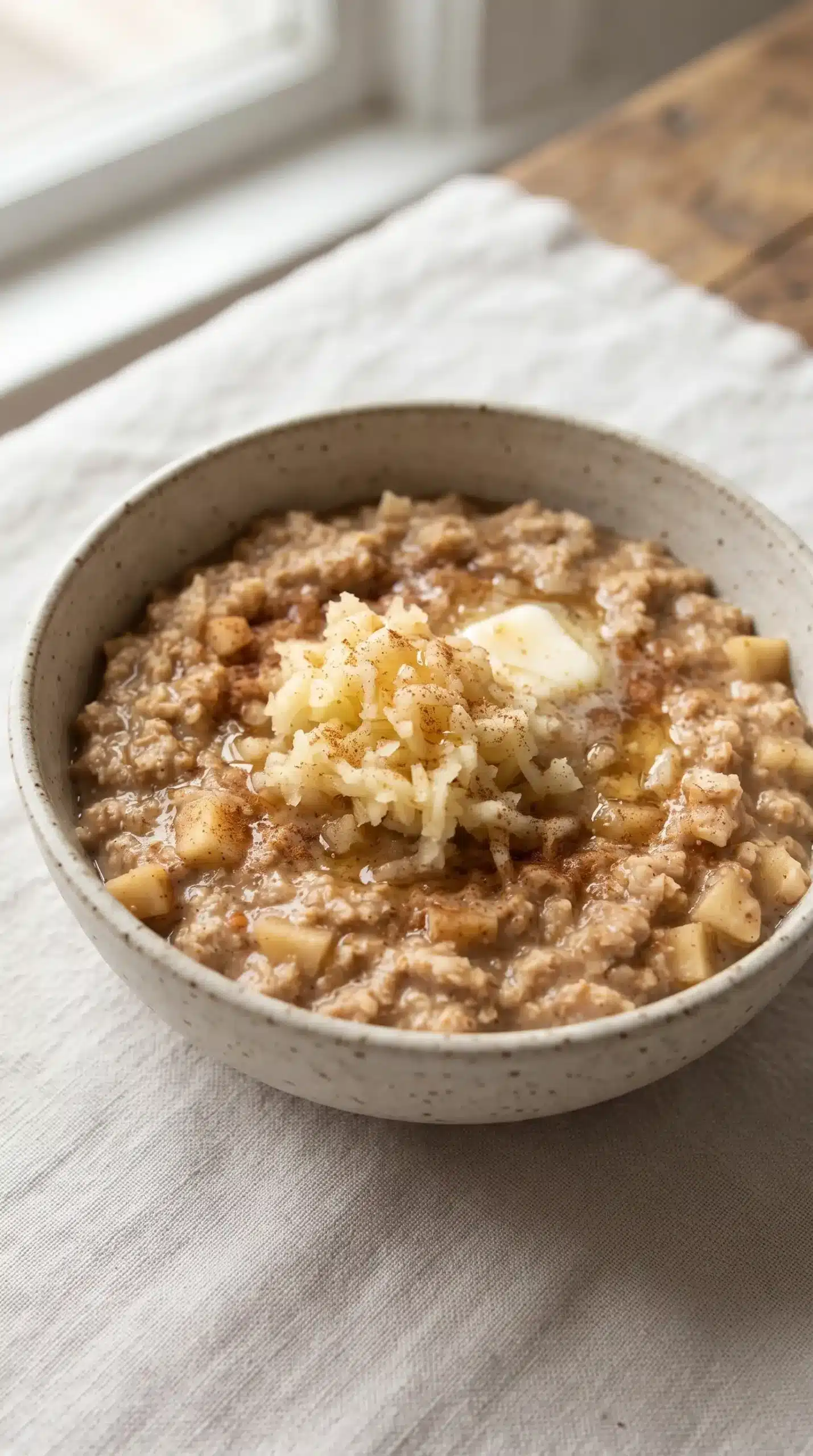 Finished apple bran oatmeal bowl topped with melting butter, apple pieces, and cinnamon