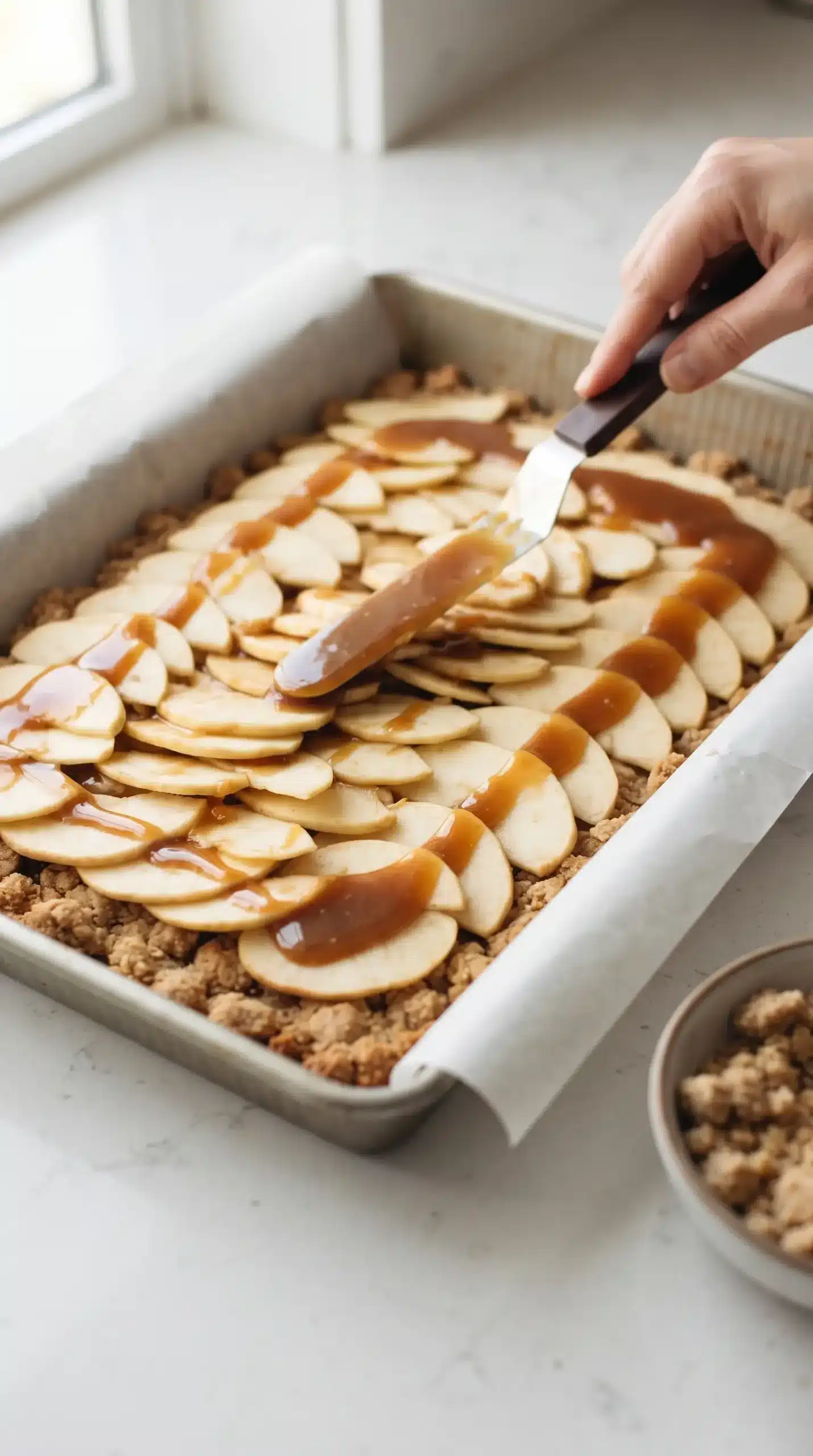 Thin apple slices and caramel layered over a crumb crust in a baking pan