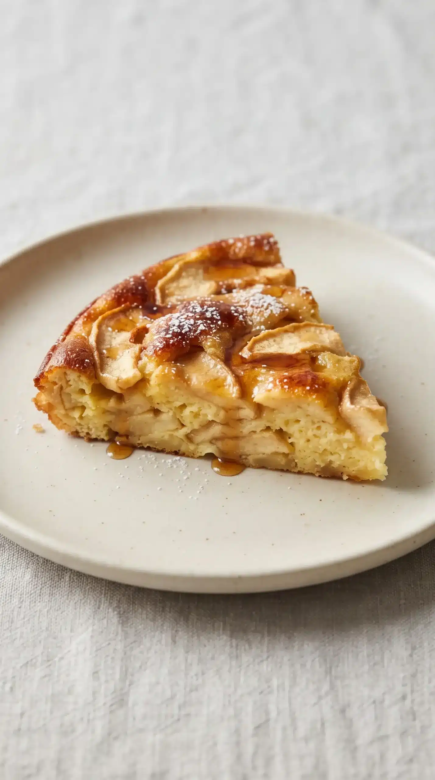 Slice of baked apple pancake topped with powdered sugar and apple cider syrup