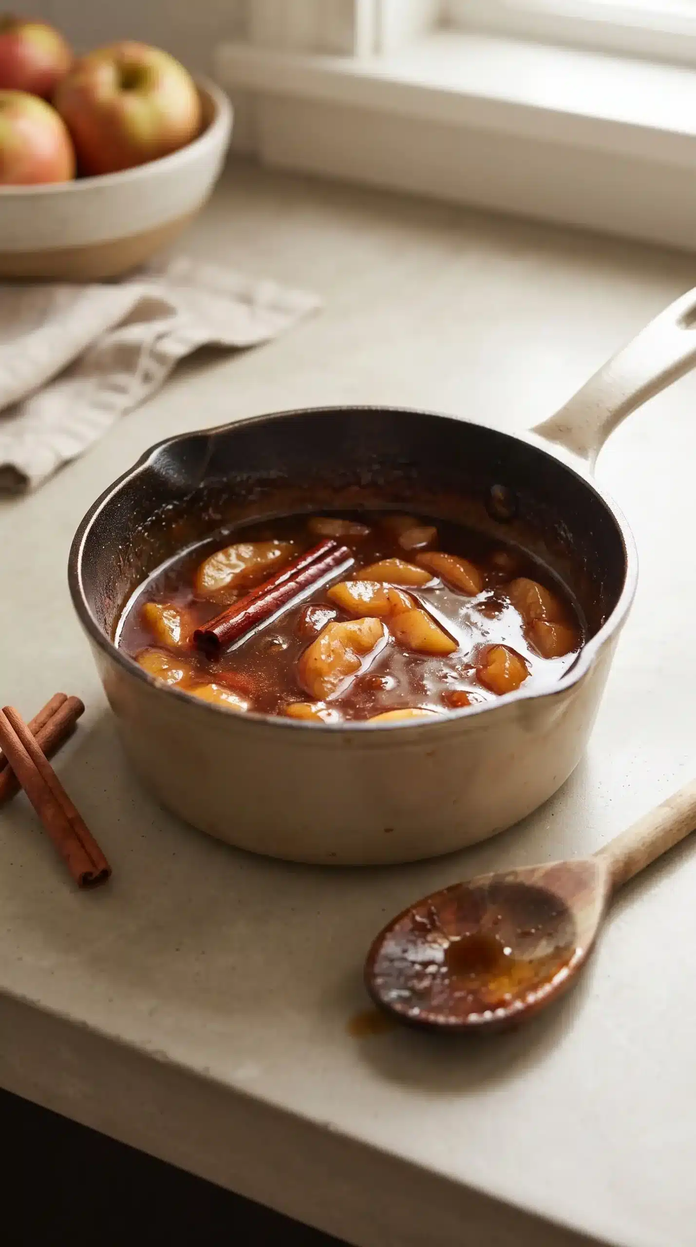 Apple cider syrup simmered with brown sugar and cinnamon in a small saucepan