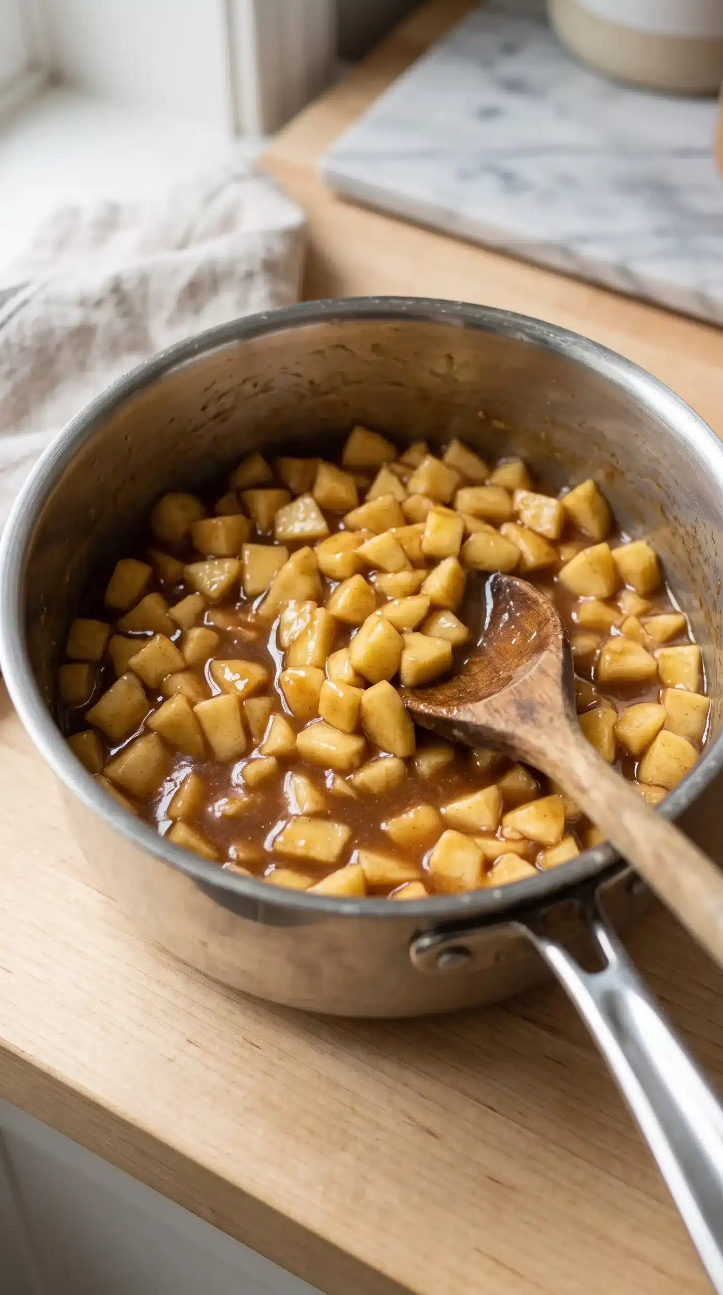 Diced apples cooking with brown sugar, cinnamon, and butter for caramel rolls