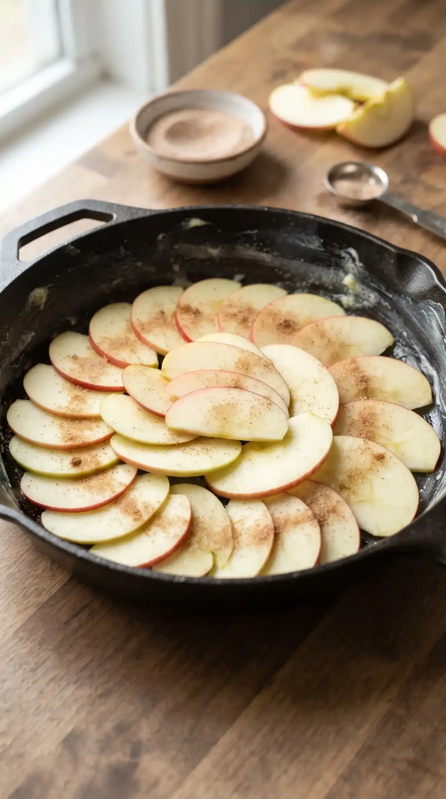 Thin apple slices layered in a buttered pie plate with cinnamon and brown sugar