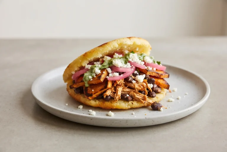 Arepas recipe with a golden cornmeal arepa filled with chicken, beans, cheese, and vegetables