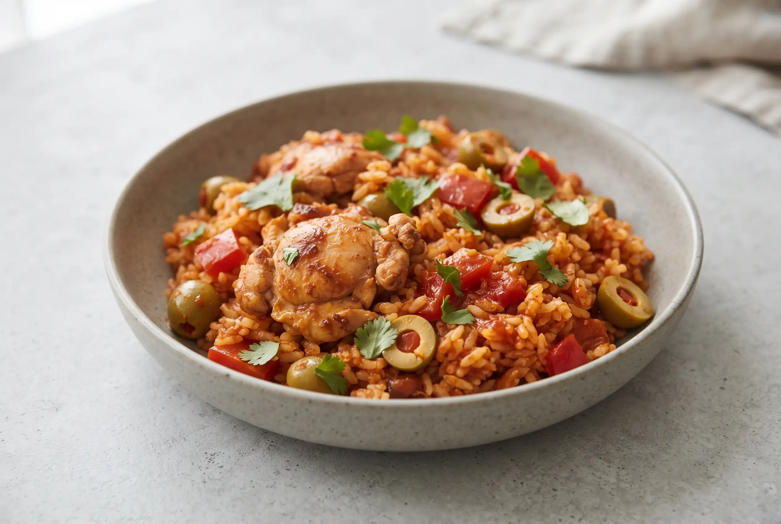 Arroz con pollo with chicken thighs, tomato rice, olives, peppers, and cilantro