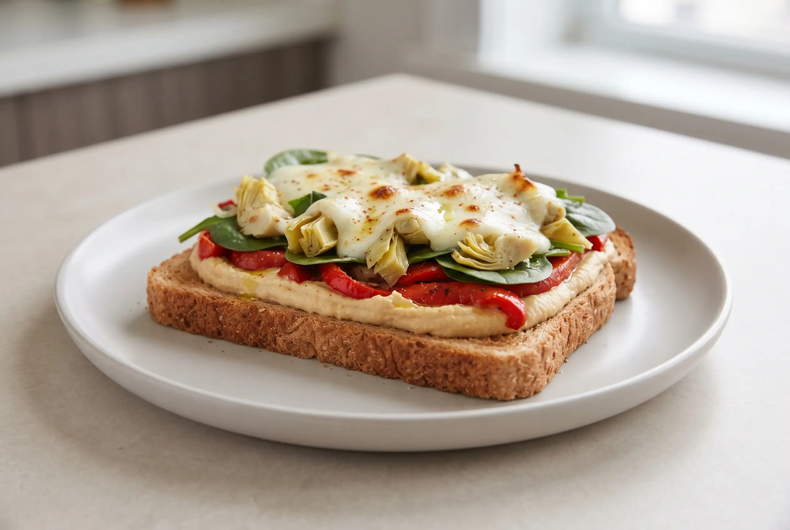 Artichoke and red pepper melt with hummus, spinach, peppers, artichokes, and melted mozzarella on wheat bread
