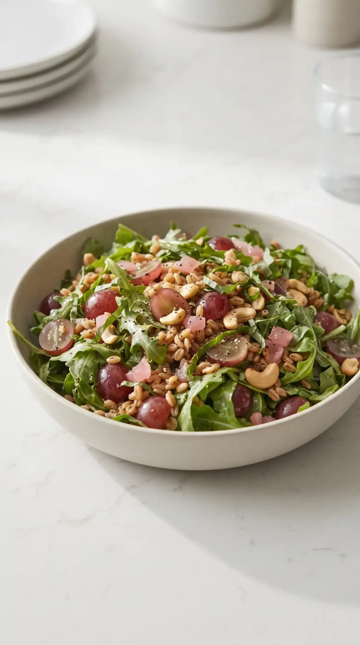 Arugula salad with grapes, farro, cashews, basil, and pickled red onions