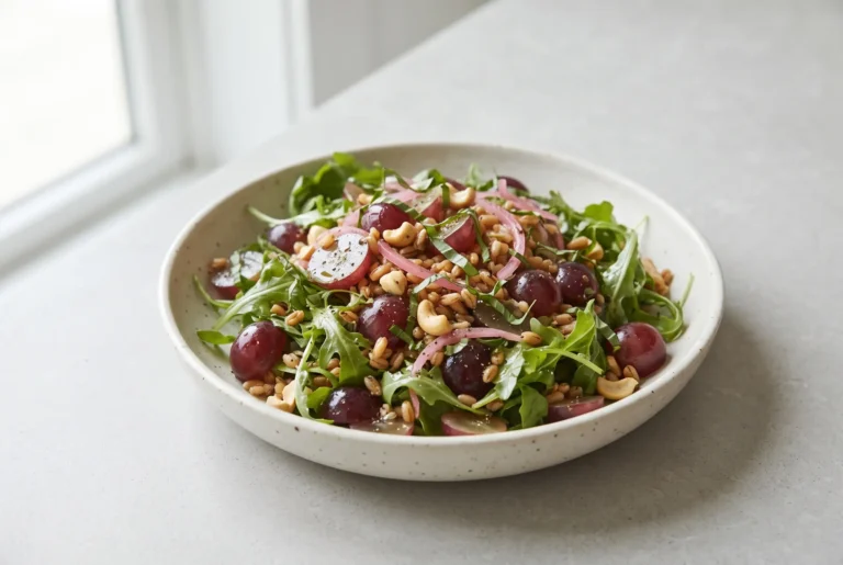 Arugula salad with grapes, farro, basil, cashews, and pickled onions in a ceramic bowl