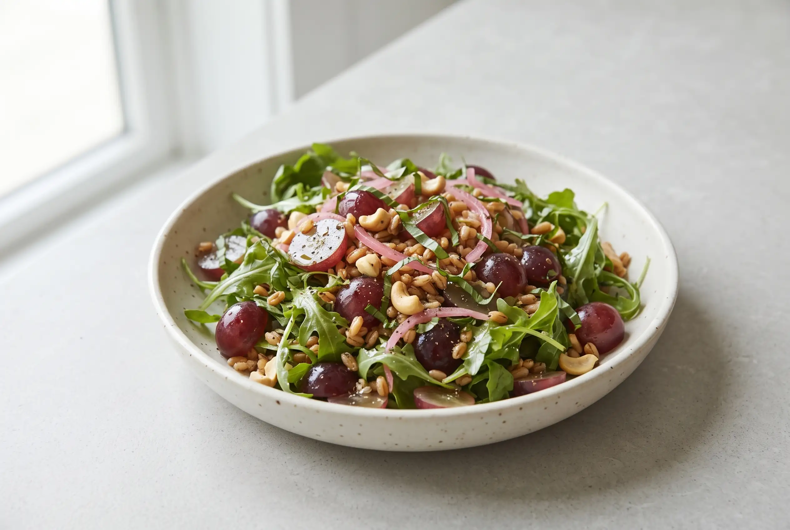 Arugula Salad with Grapes Arugula salad with grapes, farro, basil, cashews, and pickled onions in a ceramic bowl
