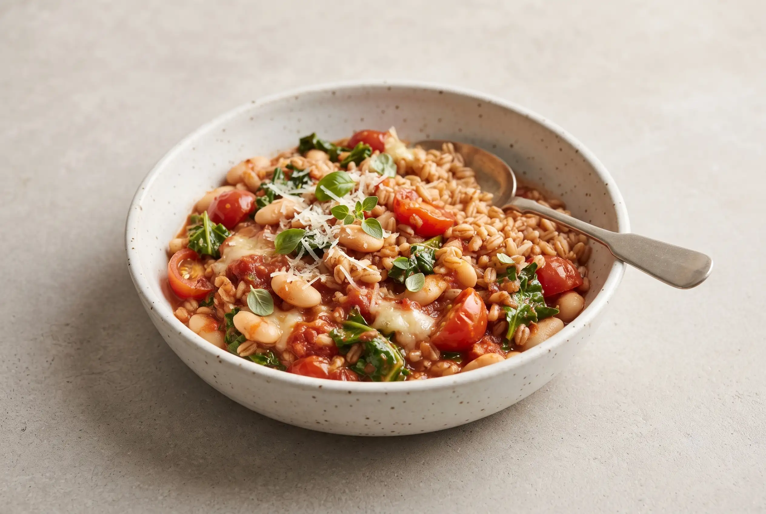 Asiago white beans bowl with farro, kale, tomatoes, and melted cheese