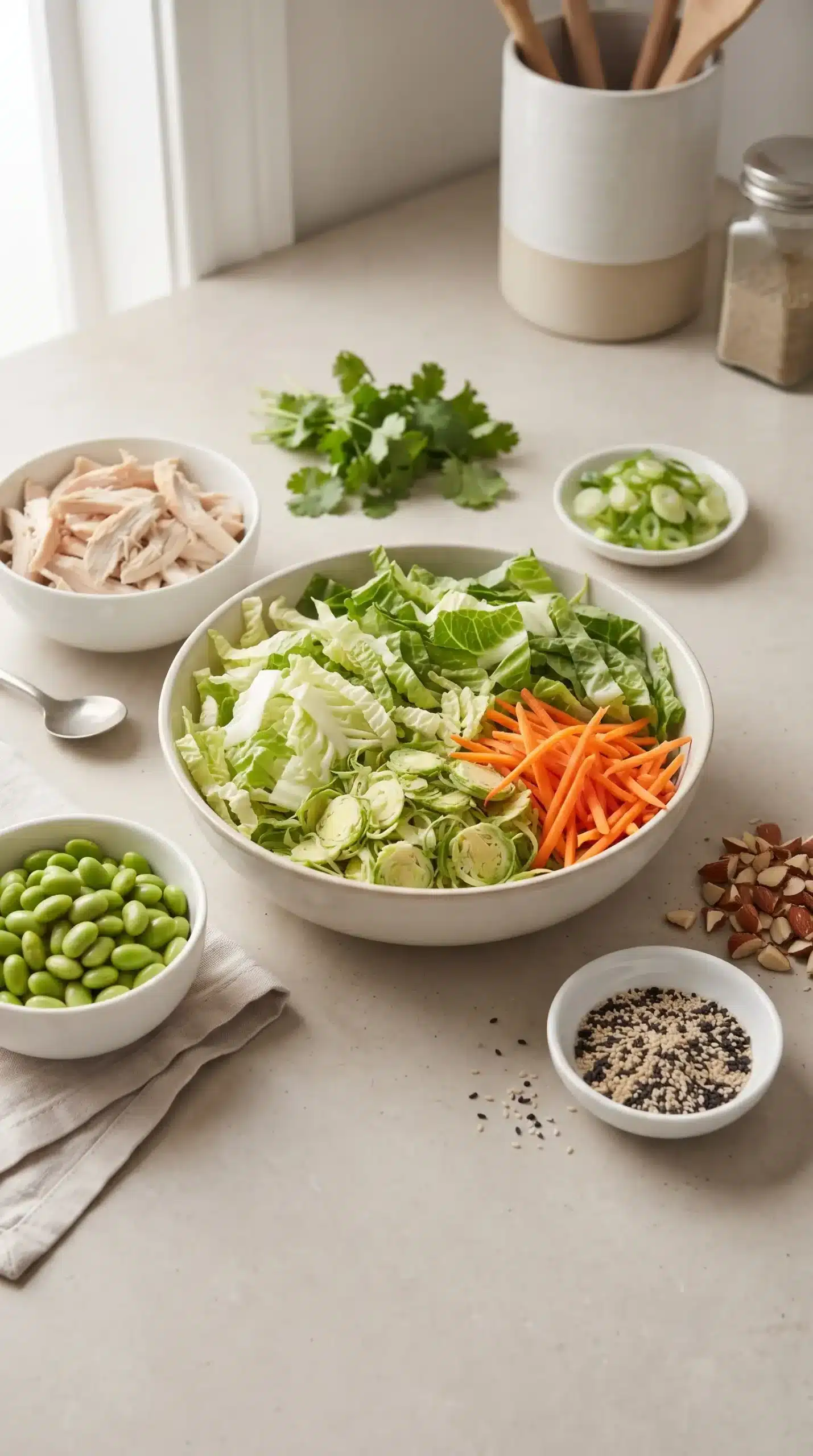 Fresh Asian chicken salad ingredients with lettuce, carrots, edamame, almonds, and herbs