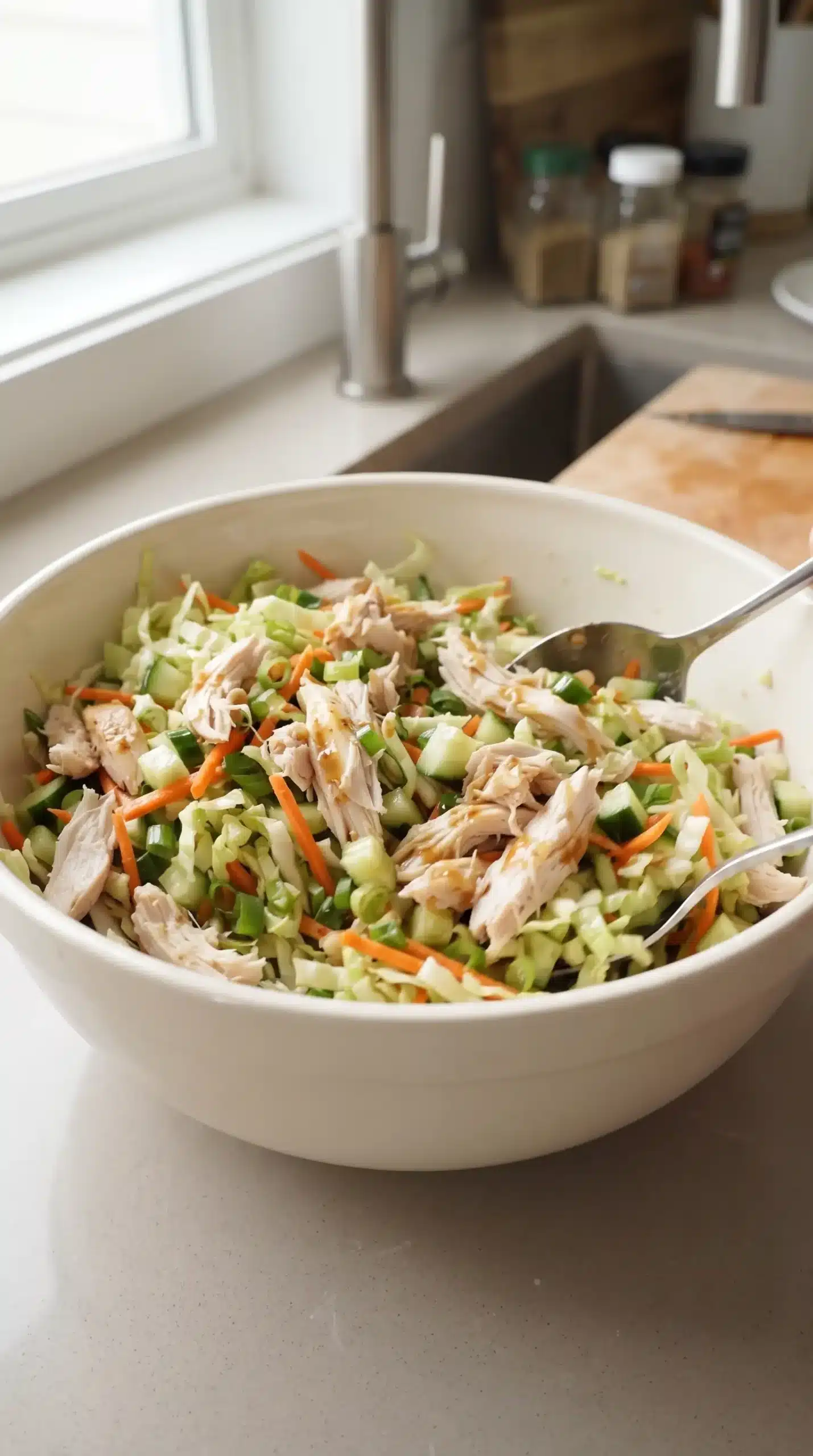 Shredded chicken, cabbage, carrots, cucumbers, and vegetables combined for Asian chicken salad