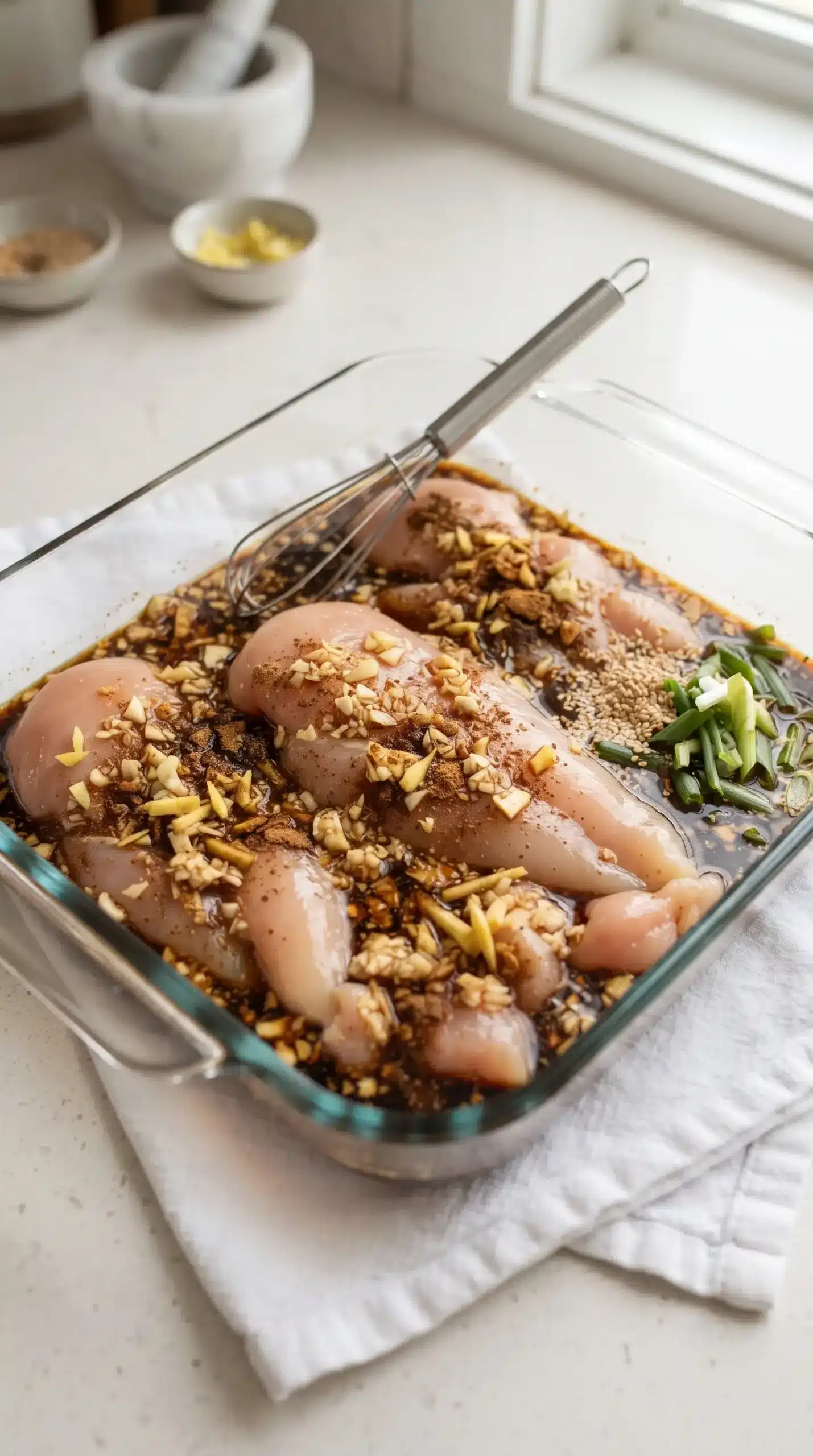 Chicken breasts marinating with soy sauce, garlic, ginger, and Chinese 5 spice seasoning