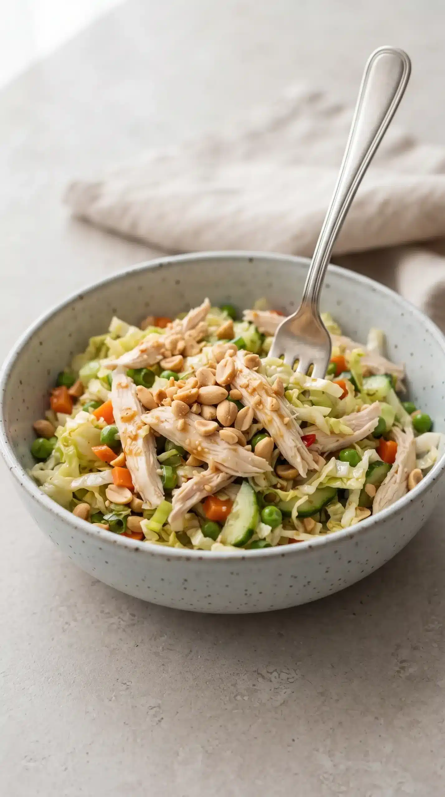 Finished Asian chicken salad with sesame dressing, vegetables, chicken, and crushed peanuts