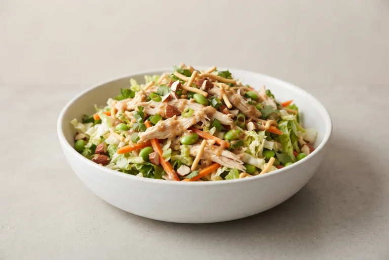 Asian chicken salad with edamame, shredded vegetables, almonds, and sesame toppings in a bowl