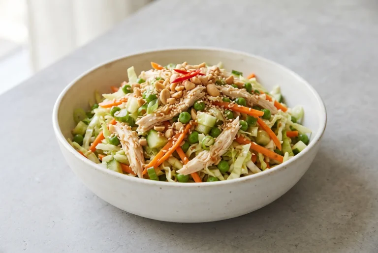 Asian chicken salad with shredded chicken, cabbage, vegetables, and sesame chili vinaigrette