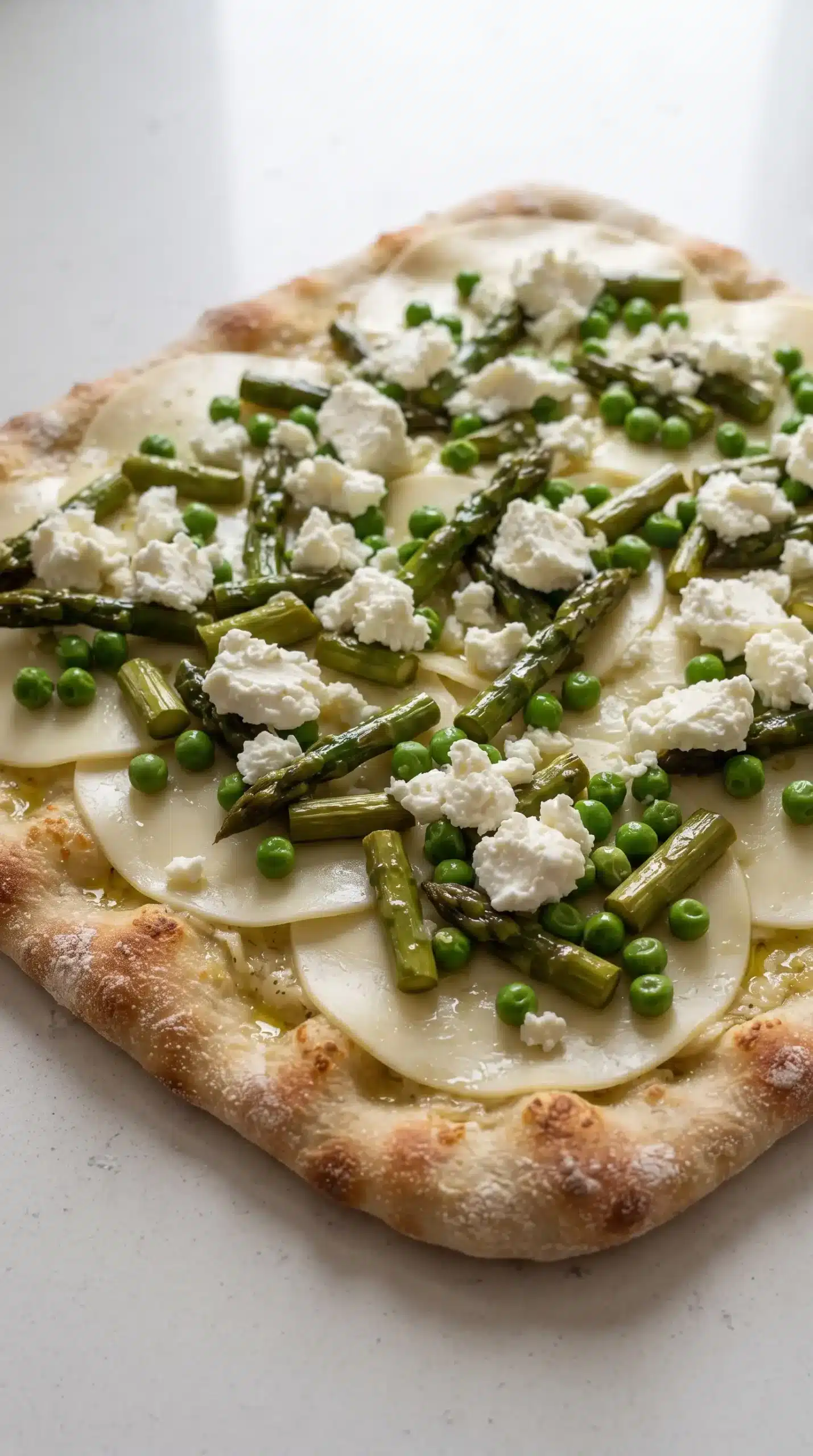 Pizza crust layered with provolone, asparagus, peas, and crumbled goat cheese before baking