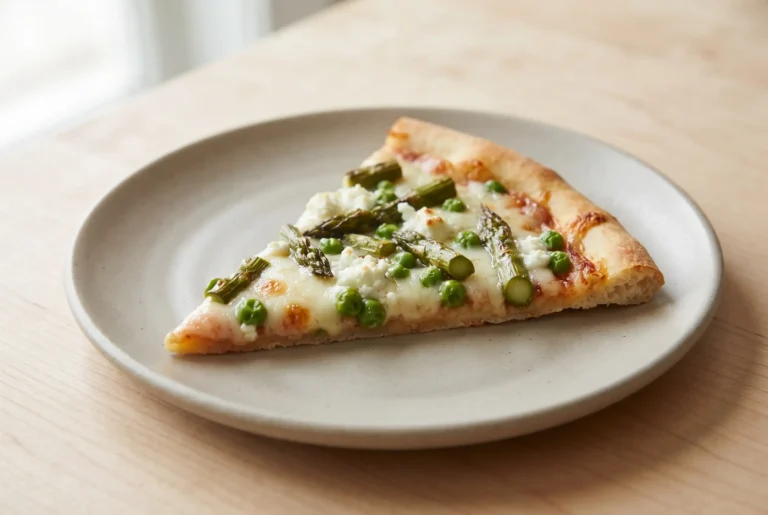 Asparagus pea pizza slice with goat cheese, provolone, green peas, and spring asparagus toppings