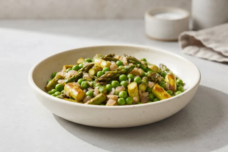 Asparagus pea saute with butter, honey, shallot, and tender green vegetables in a ceramic bowl