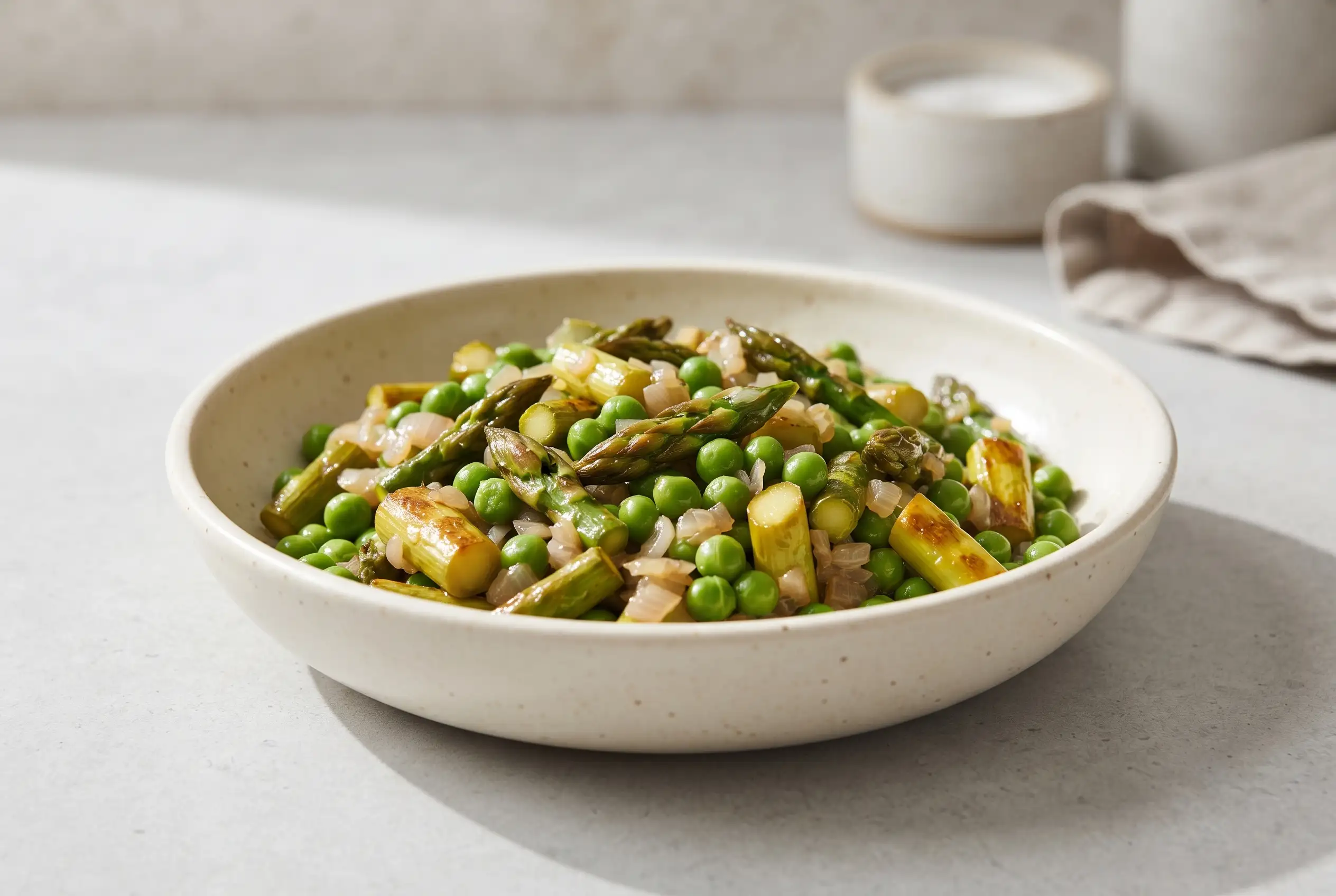 Asparagus pea saute with butter, honey, shallot, and tender green vegetables in a ceramic bowl