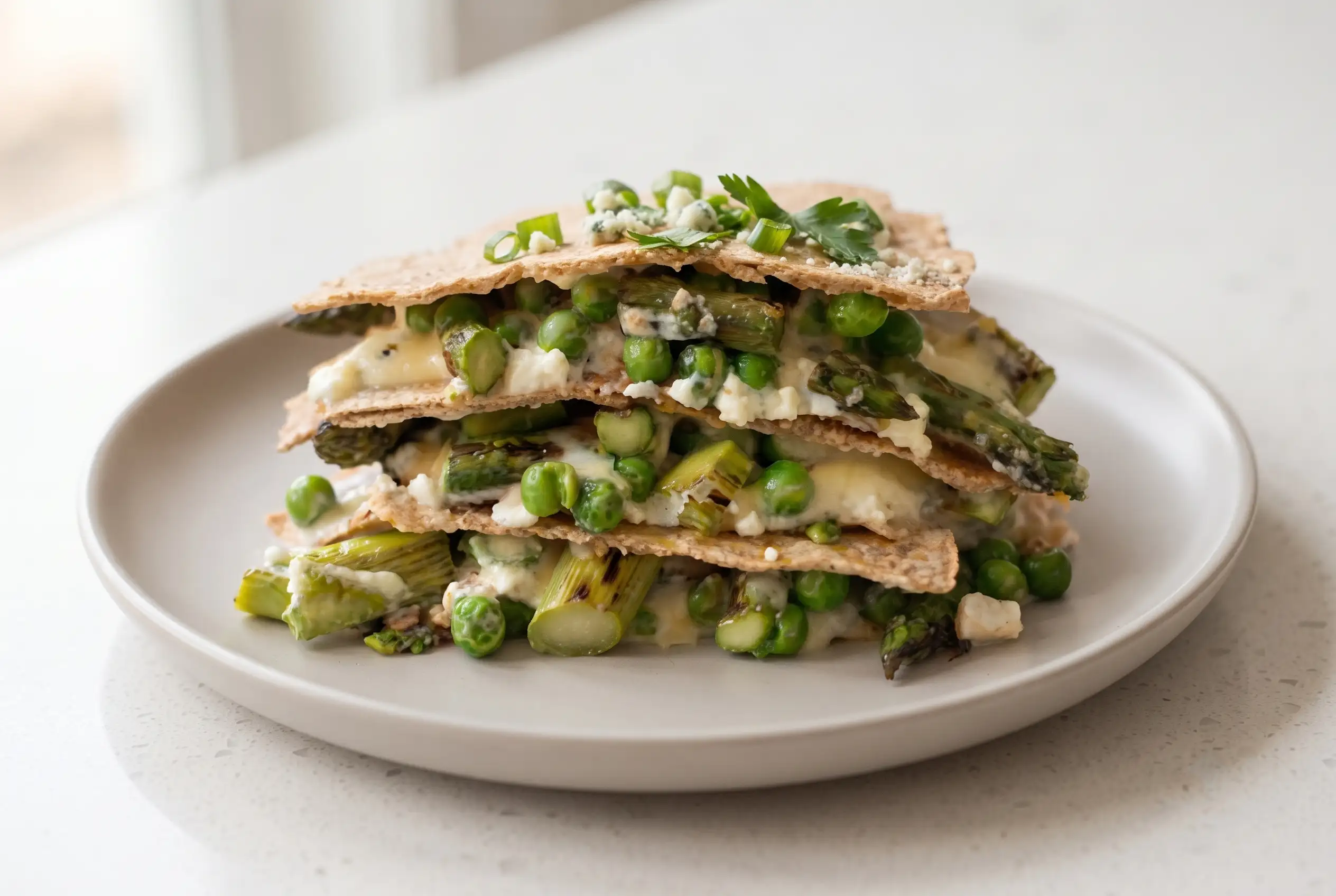 Asparagus quesadilla lasagna wedges with ricotta, Gouda, asparagus, and peas stacked on a plate