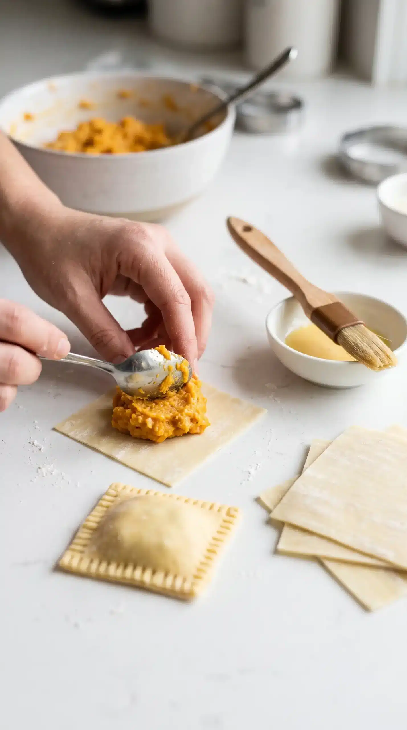 Hands assembling butternut squash ravioli with filling and sealed pasta wrappers
