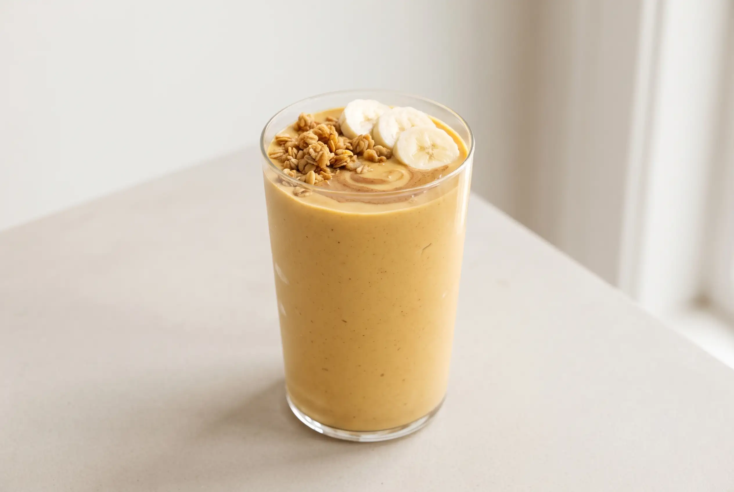 Sweet potato milkshake with almondmilk in a tall glass topped with almond butter, granola, and banana slices