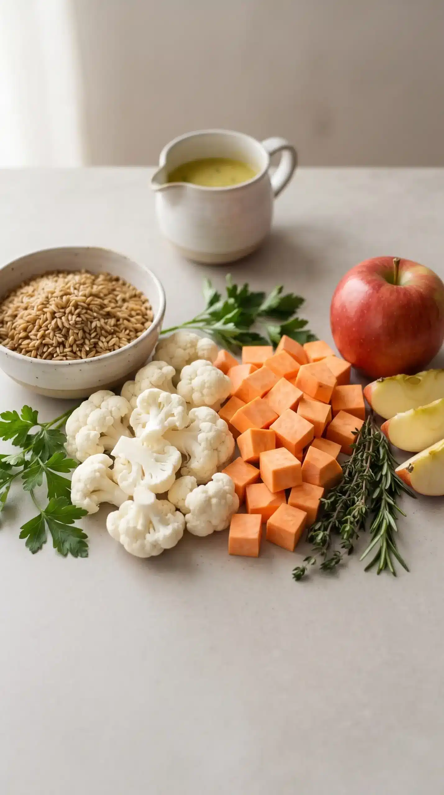Ingredients for autumn glow salad with freekeh, cauliflower, sweet potato, apple, and parsley