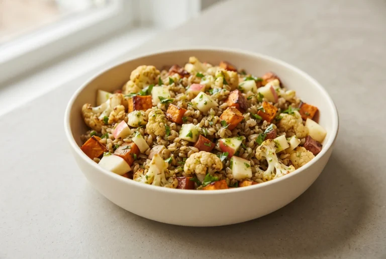 Autumn glow salad with freekeh, roasted cauliflower, sweet potato, apple, parsley, and lemon dressing