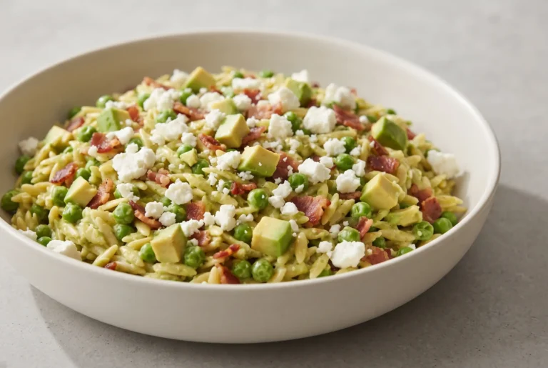 Avocado bacon orzo pasta salad with peas, feta, and creamy avocado cubes in a bowl