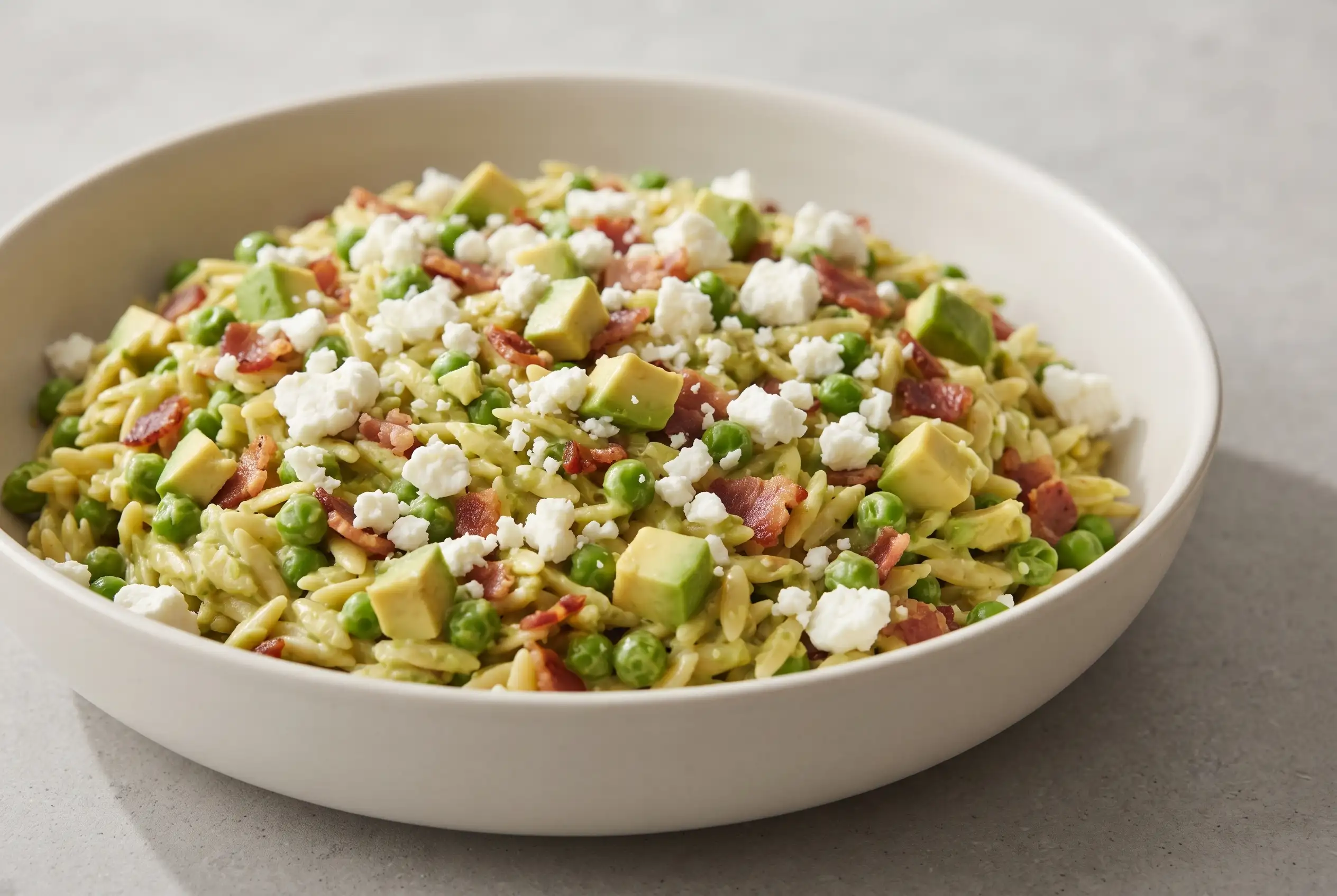 Avocado bacon orzo pasta salad with peas, feta, and creamy avocado cubes in a bowl