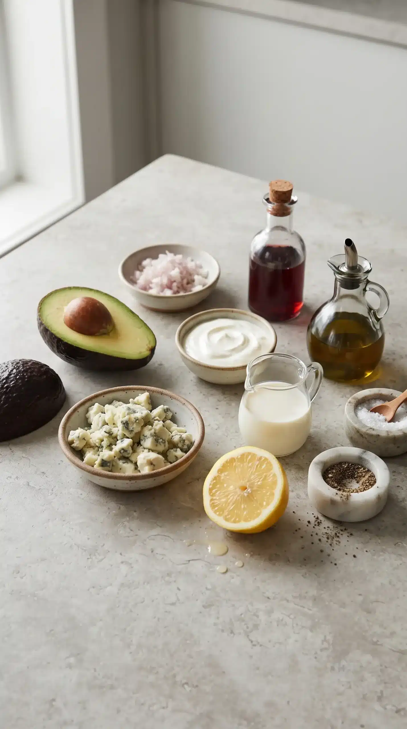 Ingredients for avocado blue cheese dressing with avocado, cheese, sour cream, lemon, and seasonings