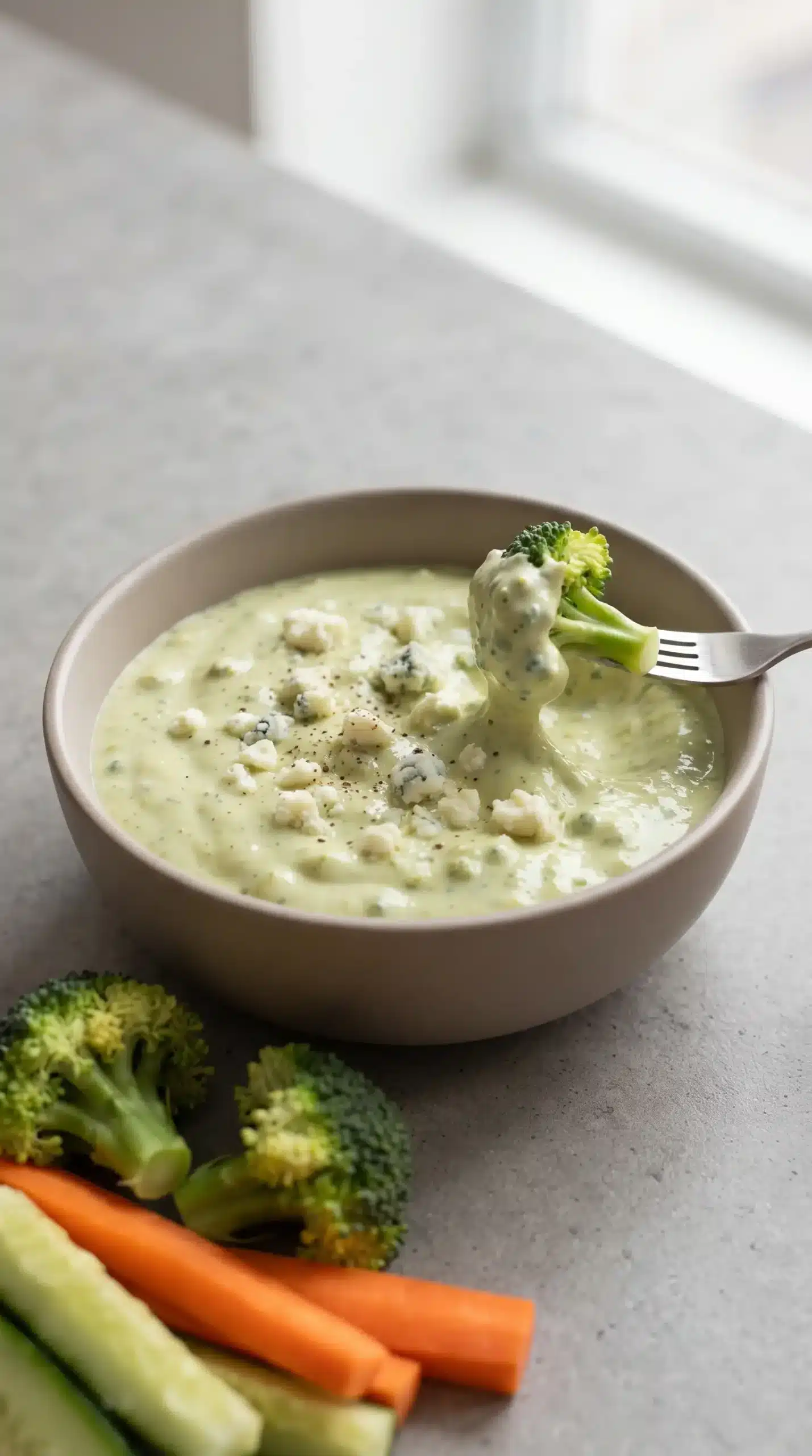 Bowl of avocado blue cheese dressing served with fresh vegetables for dipping