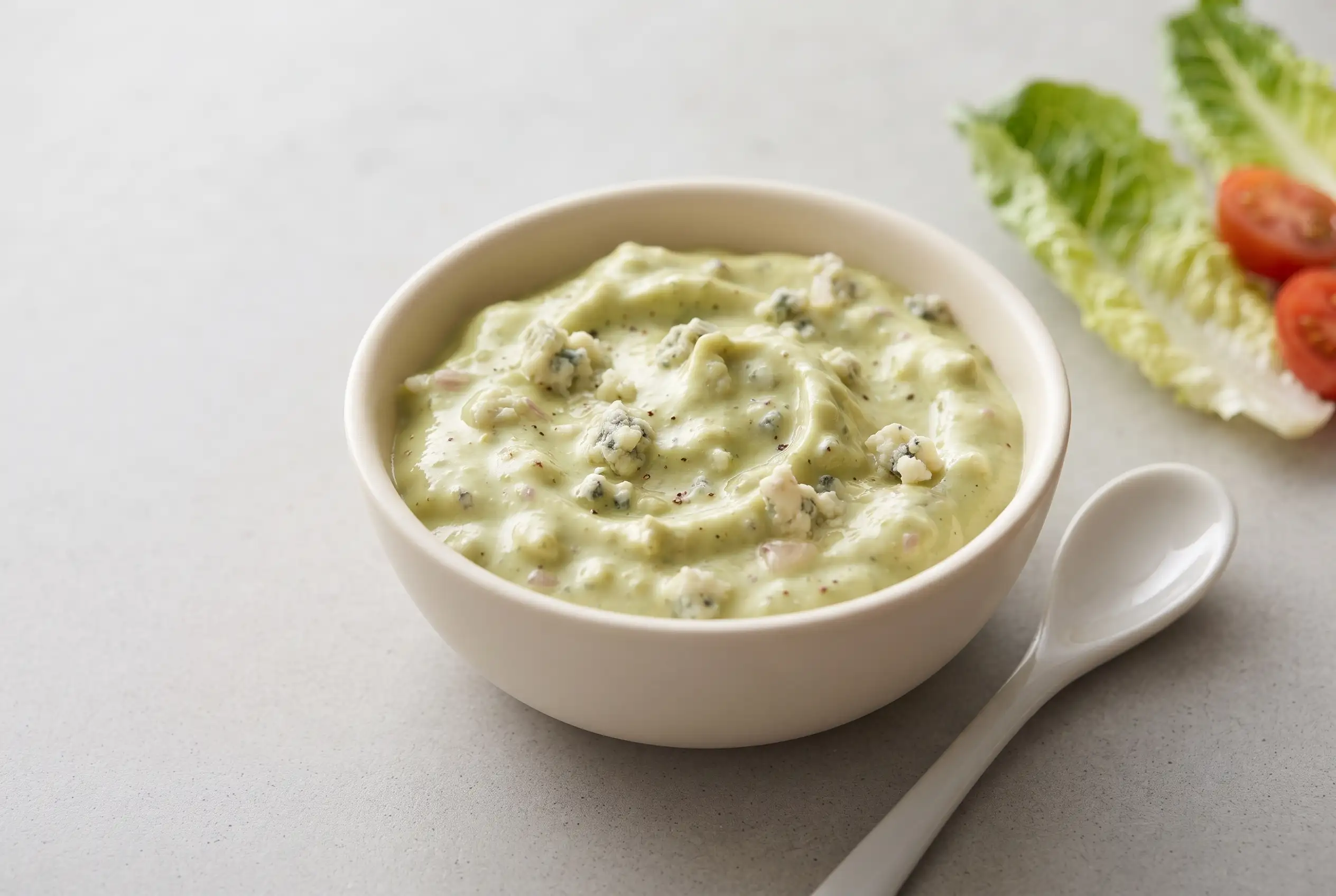 Avocado blue cheese dressing in a ceramic bowl with creamy green texture and crumbled cheese pieces