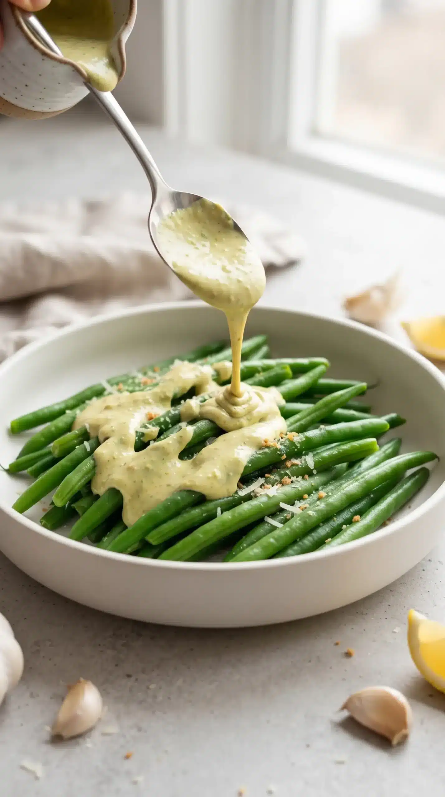 Creamy avocado Caesar dressing spooned over fresh green beans in a serving dish