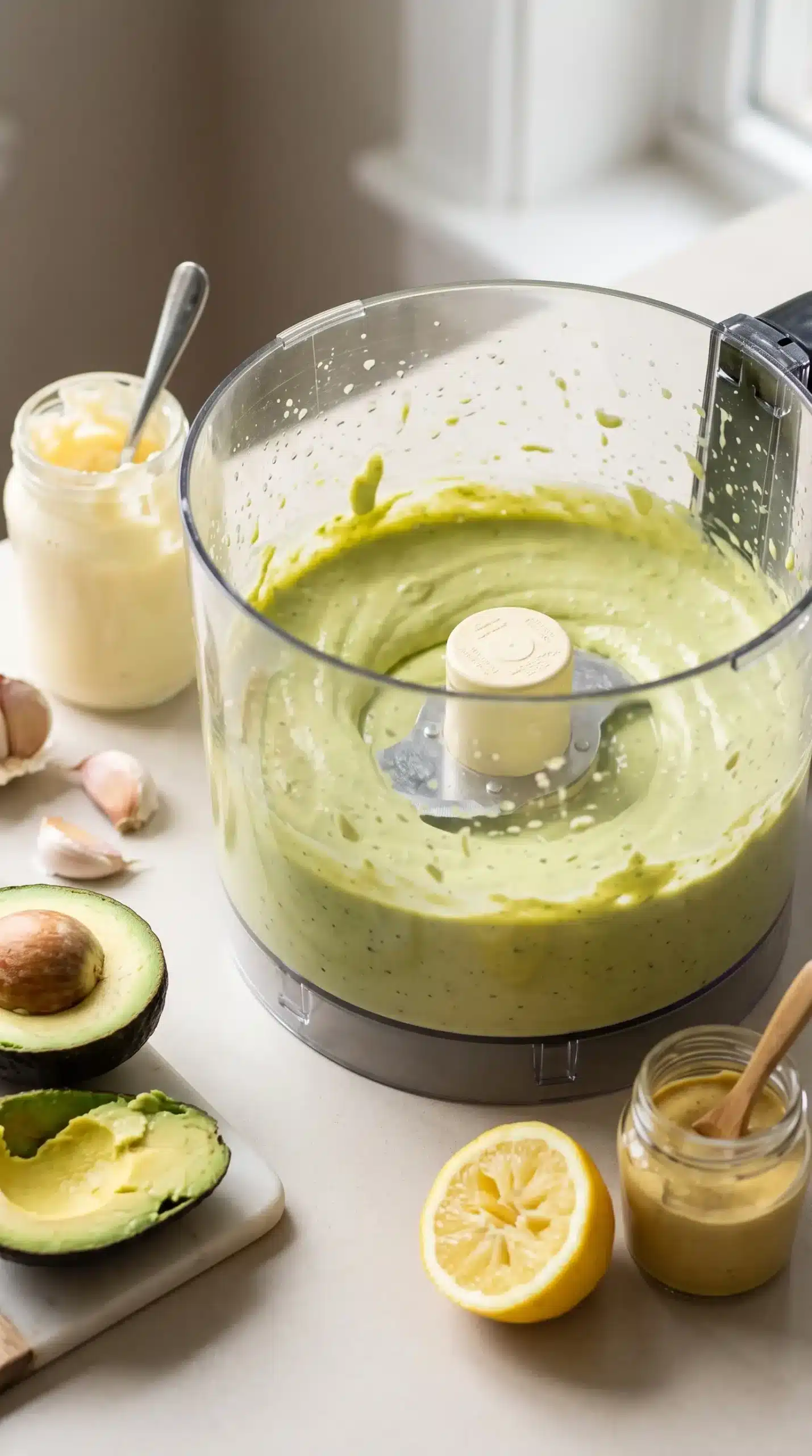 Creamy avocado Caesar dressing being prepared in a food processor
