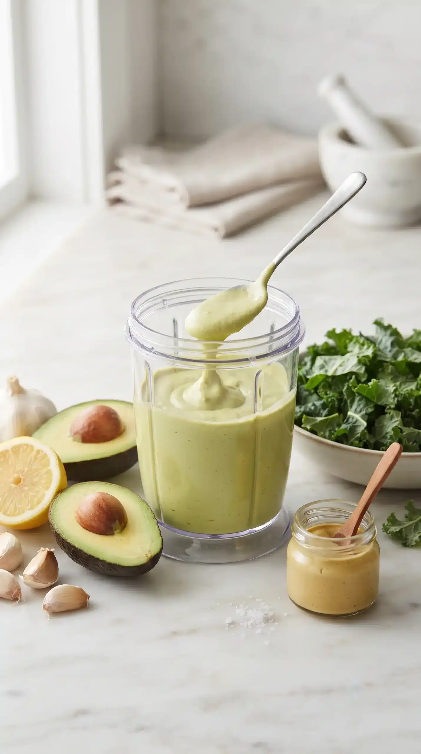 Creamy avocado Caesar dressing being prepared with avocado, lemon, garlic, and Dijon