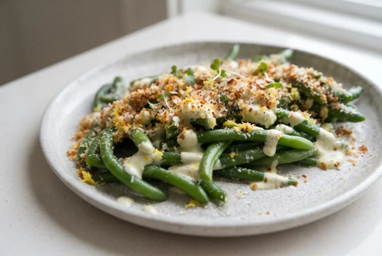 Avocado Caesar green beans with creamy dressing, panko crispies, and Parmesan on a plate