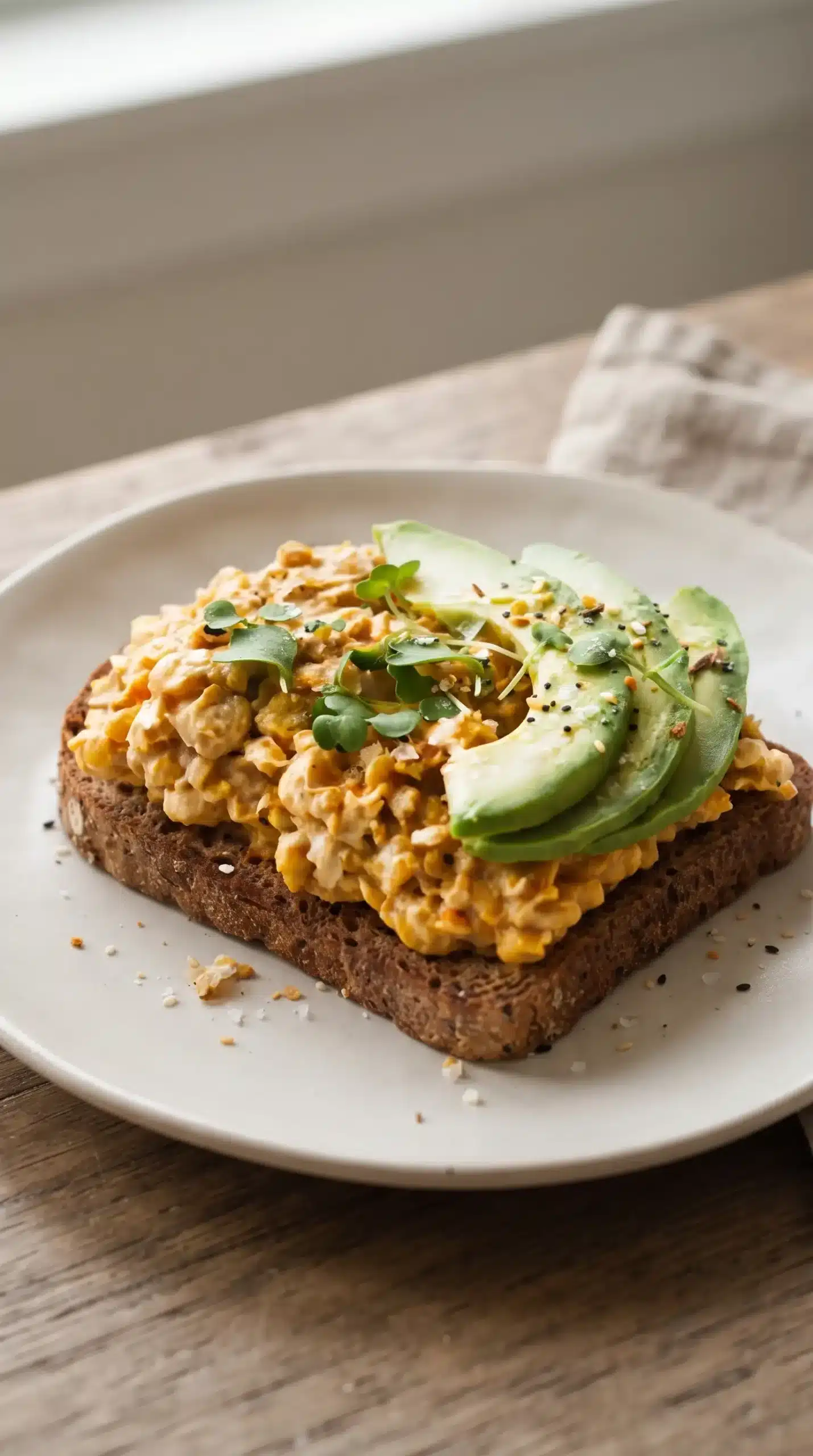 Spicy chickpea salad toast topped with avocado slices, greens, and seasoning