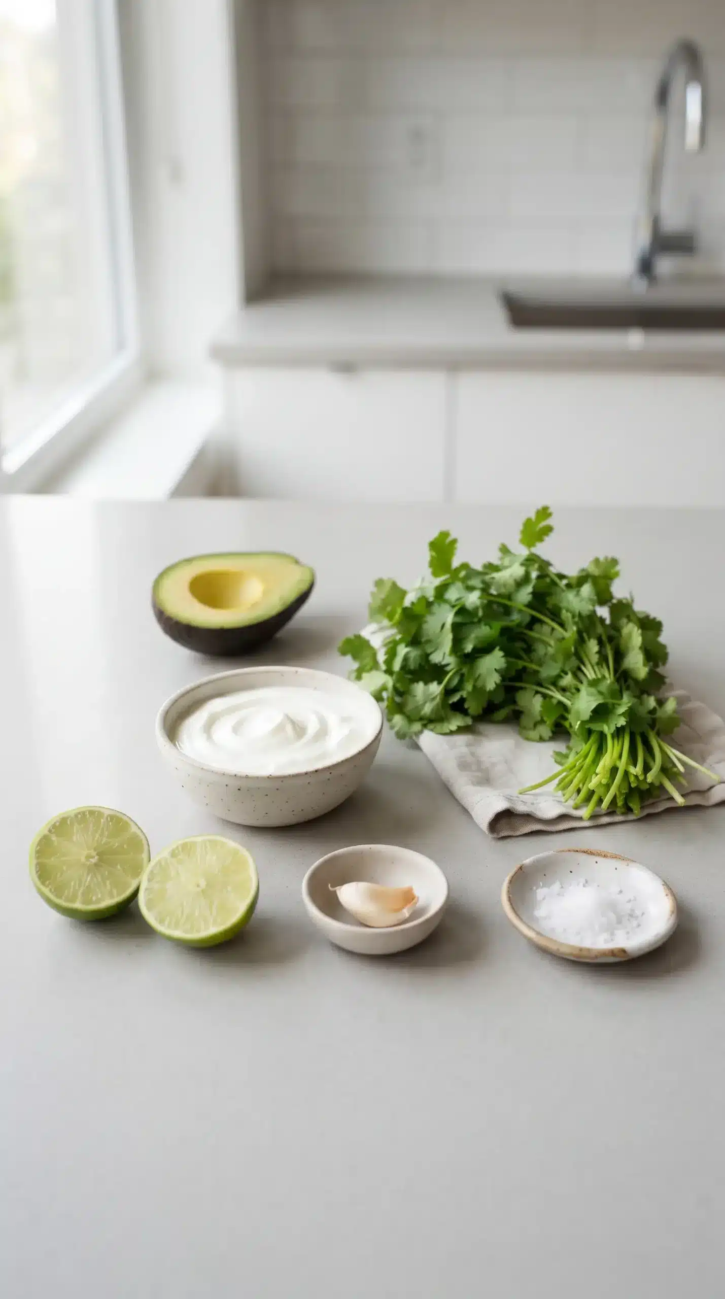 Avocado, Greek yogurt, cilantro, lime, garlic, and salt for dressing