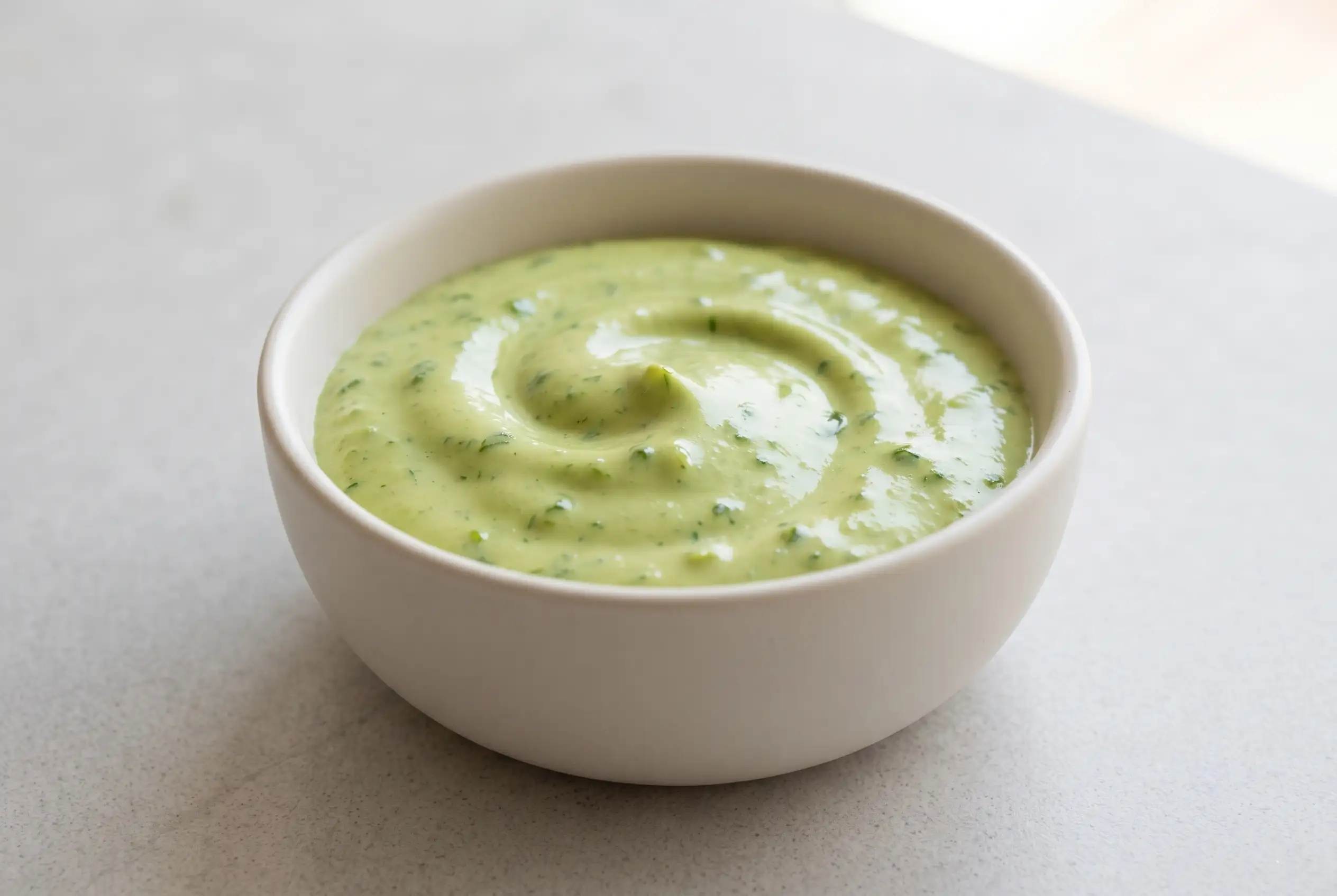 Avocado cilantro dressing served as a smooth green sauce in a ceramic bowl