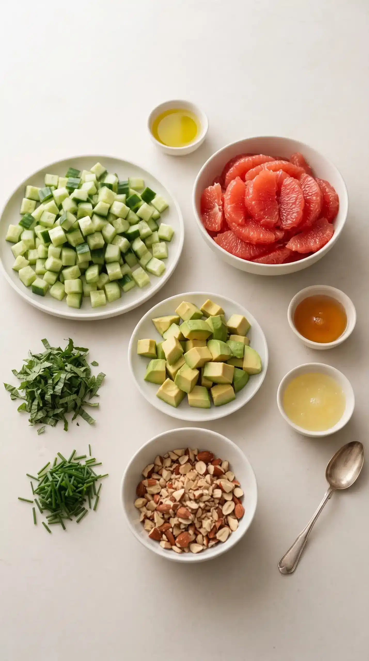 Fresh avocado, cucumber, grapefruit, mint, chives, and almonds for salad preparation