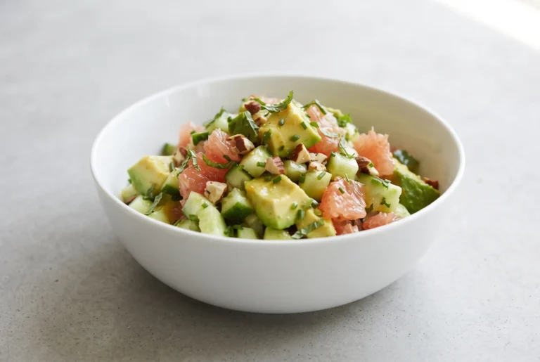 Avocado cucumber grapefruit salad with mint and chives in a white bowl
