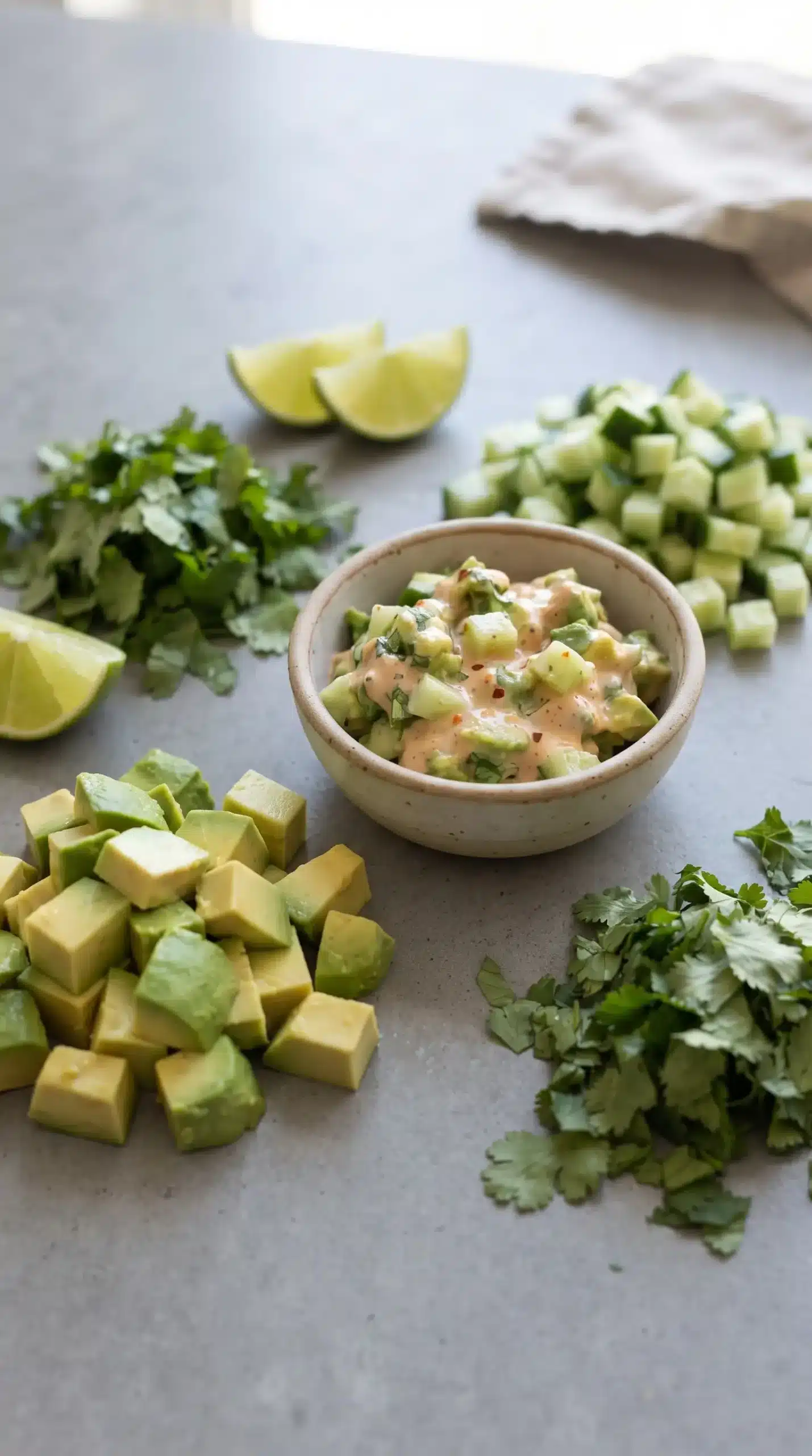 Avocado cucumber salsa with diced avocado, cucumber, cilantro, and lime
