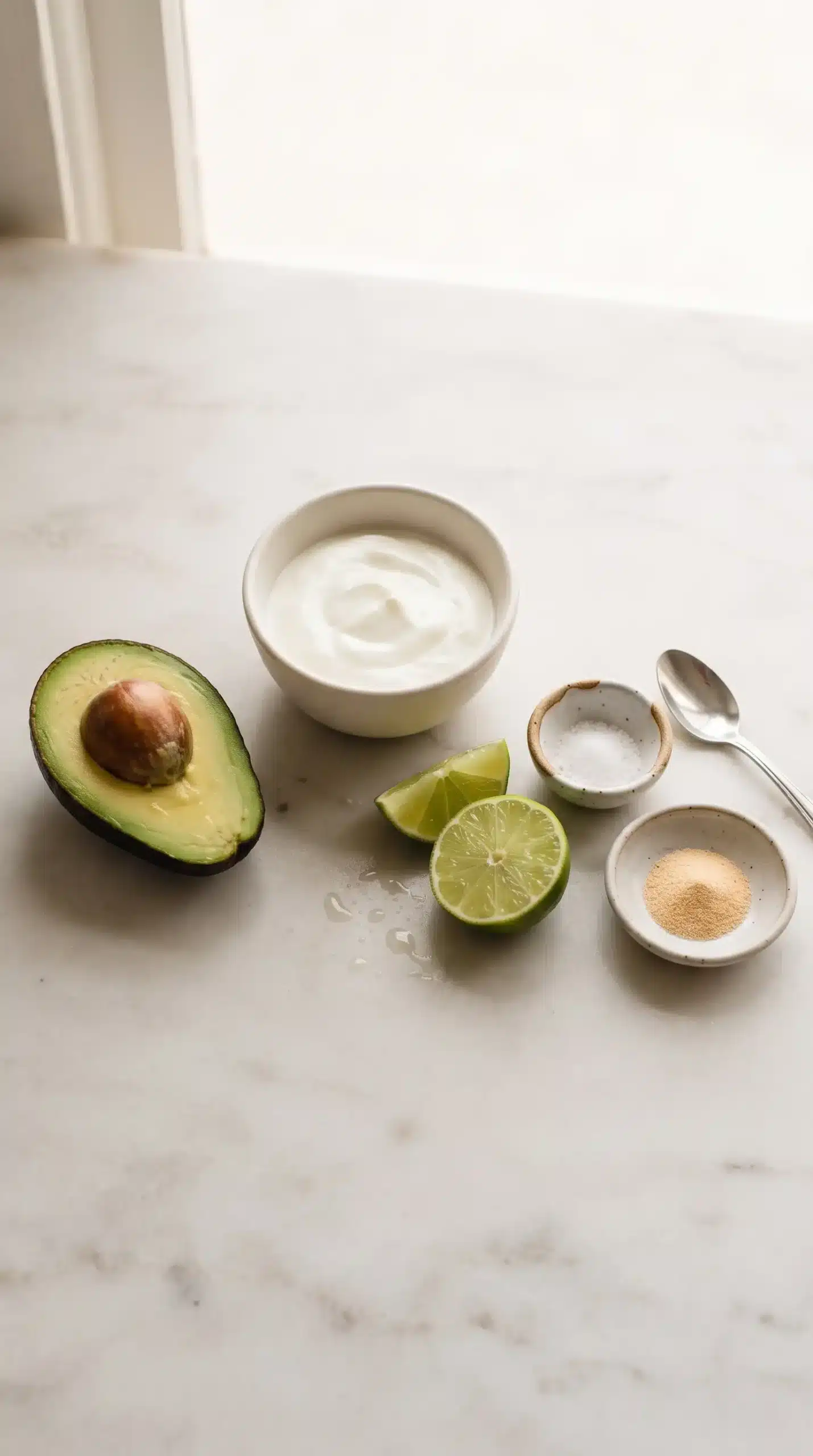 Avocado, Greek yogurt, lime, garlic powder, and salt for avocado dip