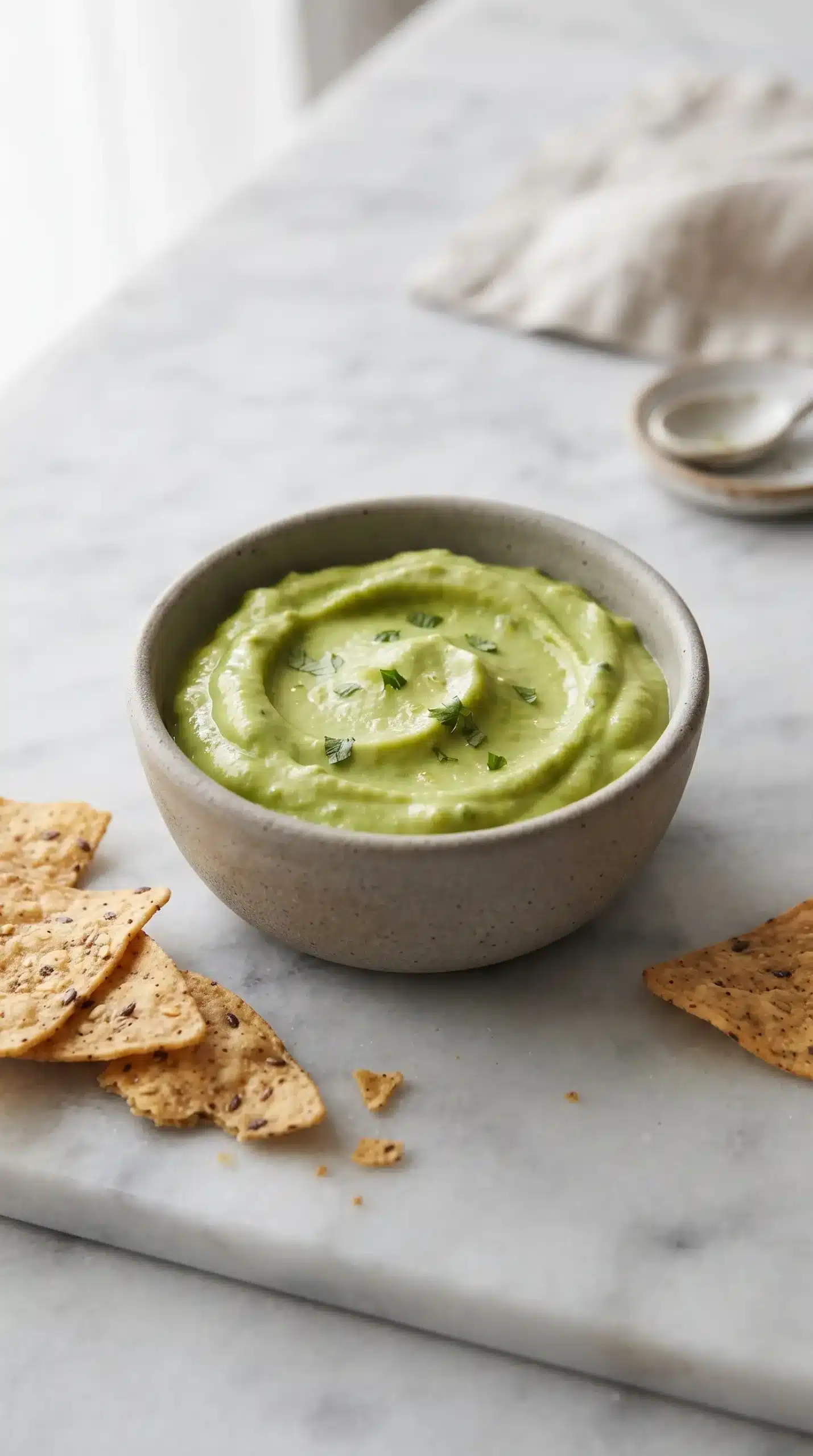 Bowl of creamy avocado dip served with chips and vegetables