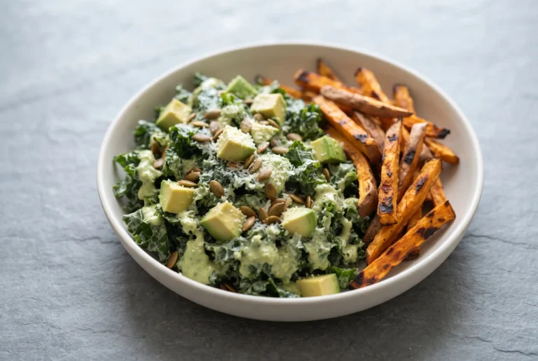 Avocado kale Caesar salad with sweet potato fries served as a complete meal