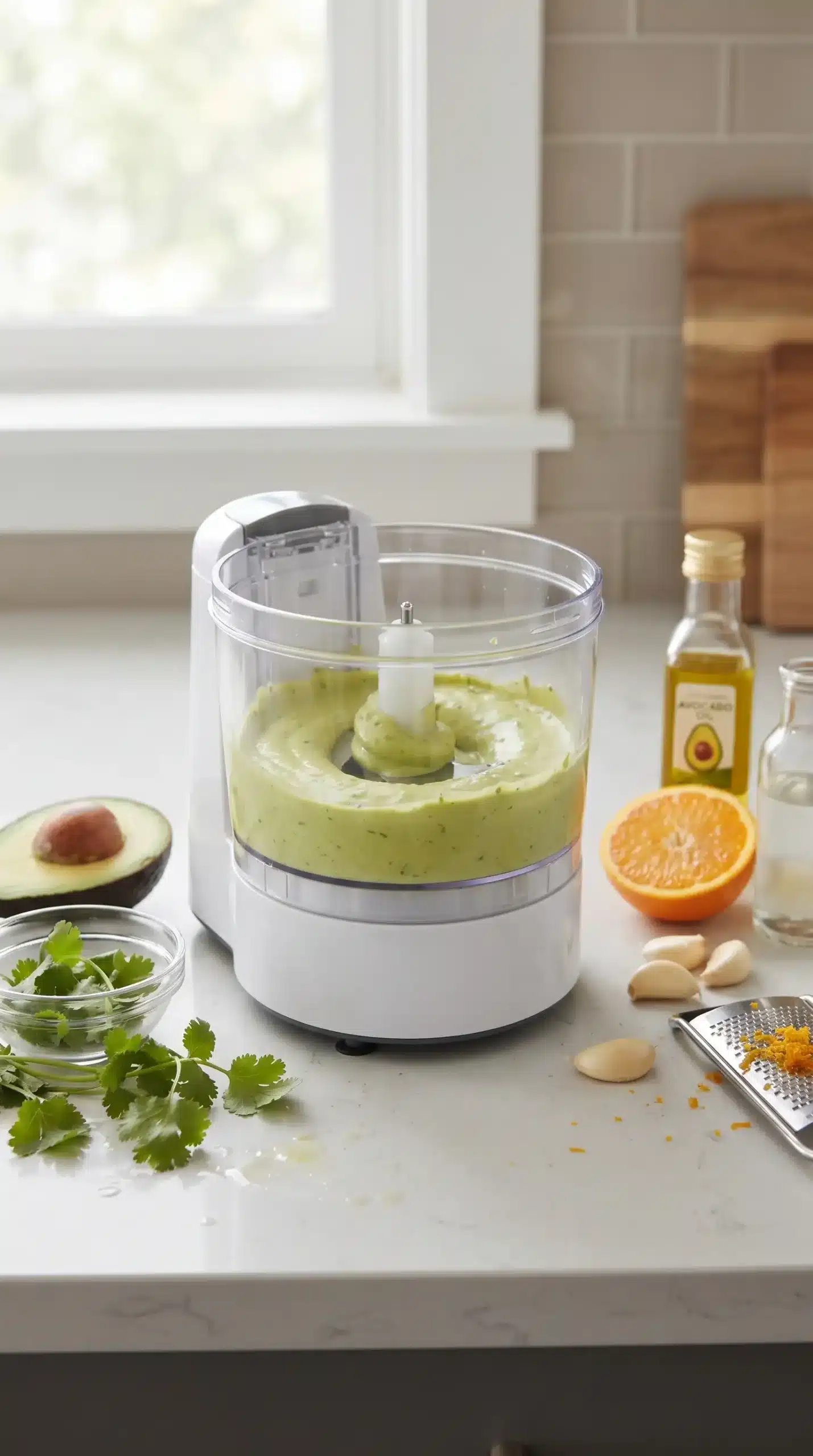 Creamy avocado mojo sauce blending with avocado, cilantro, garlic, and orange juice