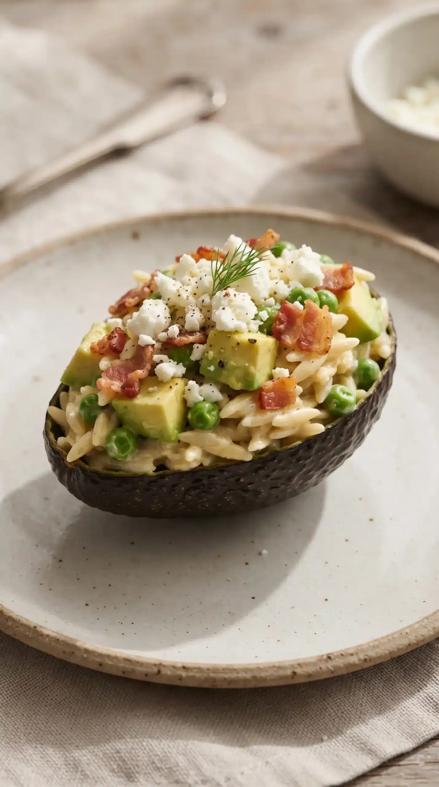 Avocado bacon orzo pasta salad served in an avocado peel with feta and peas